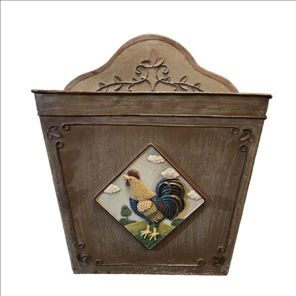 Farmhouse Brown Wall Pocket with Rooster Motif